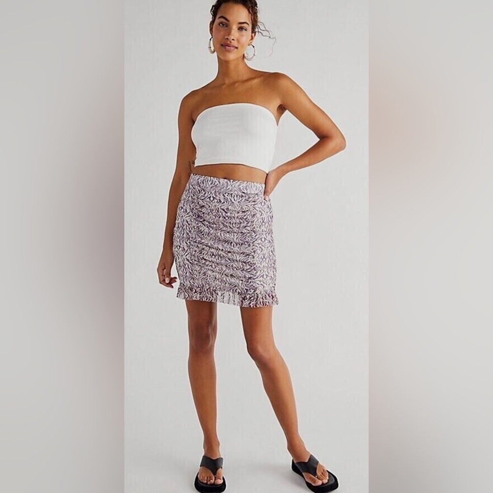 New FREE PEOPLE Romi Mesh Mini Skirt Zebra Animal Print Ruffle Ruched FP Purple